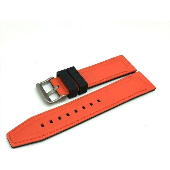 Mens Watch Band Replacement Black Orange Rubber Strap 22mm Lug Silver Buckle 8'' - Picture 4 of 6